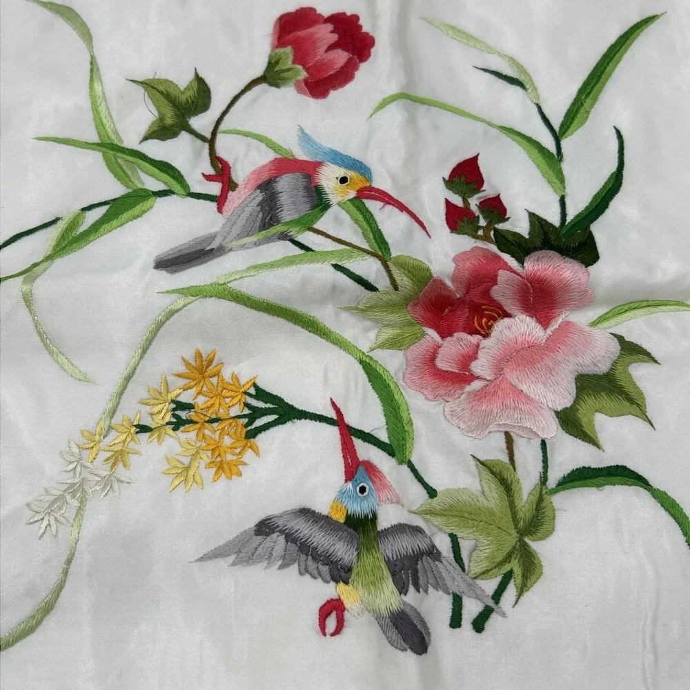 Vintage Chinese Silk Embroidered Needlework Bird & Floral Square Pillow Case 19